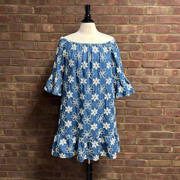 Label by Five Twelve Women’s Bell Sleeve Denim Chambray Embroidered Dress Sz 14 - Picture 3 of 7